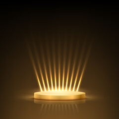 gold award podium vector illustration. abstract empty 3d golden stage with glowing light rays on bla