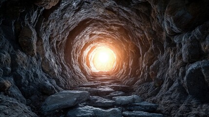 Wall Mural - A tunnel with a mysterious light at the end, symbolizing hope and new beginningsDepths Filled With Ancient Stones.