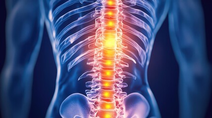 Detailed anatomical illustration of a human spine showing vertebrae and nerve connections, suitable for educational purposes.