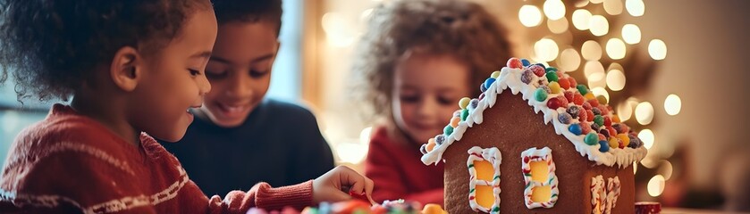 Children Decorating Gingerbread House with Colorful Candies at Family Gathering with Festive Lights