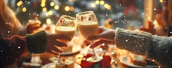 Family Toasting Holiday Cheer with Festive Eggnog and Treats Amid Twinkling Lights and Snowy Atmosphere