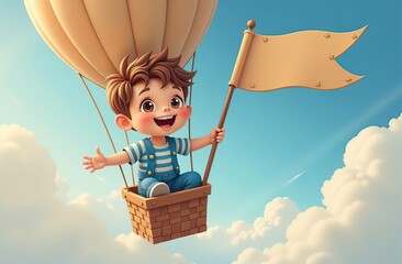 Wall Mural - cheerful kid on hot air balloon with banner in the sky
