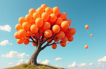 Wall Mural - a tree filled with lots of orange balloons floating in the air over a blue sky with a few more balloons floating in the air
