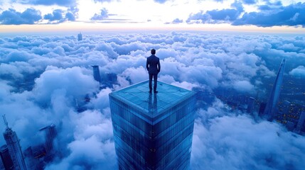 A business leader standing confidently atop a skyscraper, symbolizing control over the corporate world.