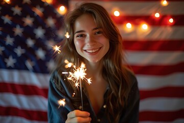 Cinematic photo of a 25 year old american woman holding a sparkler in front of the american flag, expressing joy and happiness, Generative Ai 