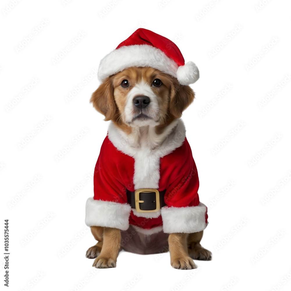 dog in Santa Claus costume in Christmas theme isolated on white ...