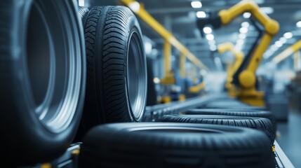 Wall Mural - A close-up shot of stacked tires on a production line, showcasing an industrial setting with robotic machinery in the background.