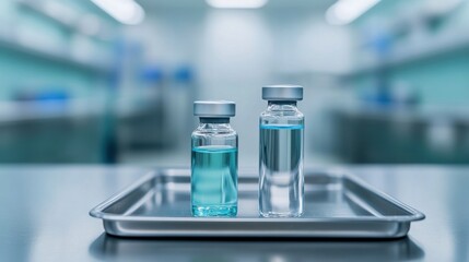 Wall Mural - Syringe and vial of medicine on a sterile stainless steel tray in a hospital