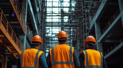 Wall Mural - Three construction workers in safety gear observe a large industrial site filled with scaffolding and natural light streaming through windows.