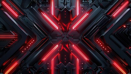 Abstract Futuristic Black and Red Geometric Design with Glowing Lines