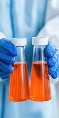 scientist holding two flasks with orange liquid in a laboratory setting