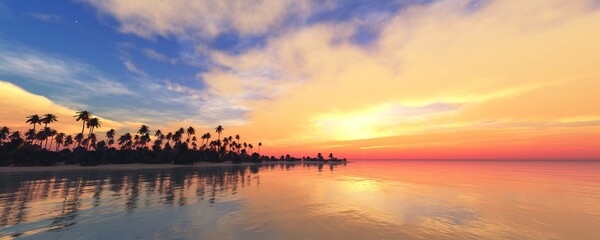 Wall Mural - Beautiful beach with palm trees at sunset, panorama of a tropical landscape, sea sunset,
3d rendering