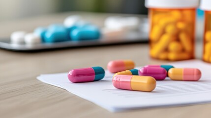 Wall Mural - Doctors reviewing charts beside a tray of medication, clinical setting 