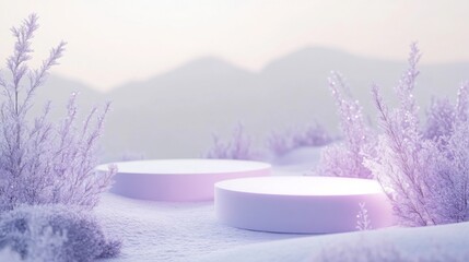Aufkleber - Soft lavender light illuminates two circular platforms in a tranquil winter landscape, surrounded by delicate foliage and mountains in the background.