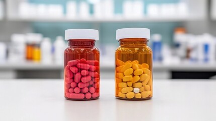 Medicine bottles and pill organizers on a hospital desk, health care environment 