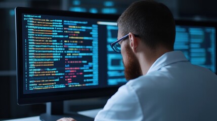 Scientist examining DNA sequence data on a computer screen, molecular graphics displayed