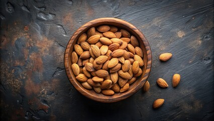 A bowl of almonds on a dark wooden surface, the perfect snack for a healthy lifestyle.