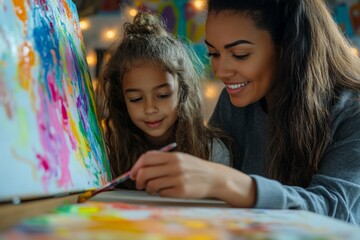 A joyful moment of creativity between a mother and daughter. They are painting together with vibrant colors. A perfect scene of bonding and art. Generative AI