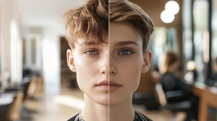 A split image showing a person with unstyled hair on one side and the same person with a stylish haircut on the other, with a softly blurred background of a salon