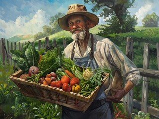 Bounty from the Garden: A Man with a Trug of Fresh Vegetables