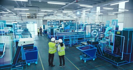 Leinwandbilder - Two Engineers in Safety Vests Use a Tablet to Interact With Holographic Data in a High-tech Factory, Activate AI Facility Analysis, Advanced Machinery, Digital Interfaces, Futuristic Manufacturing