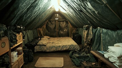 Army Tent Interior with Soldier's Equipment in Barrack