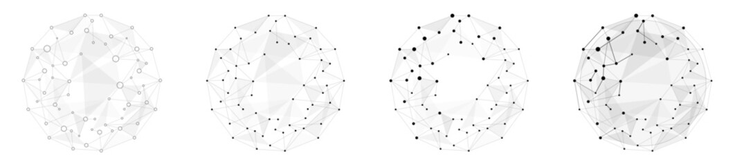 Wall Mural - set of connected web dots global data placed in a sphere shape, black and white data concept, backgr