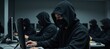 © Pixel Matrix - Call center scammers swindlers in masks and headsets at a computer-filled office