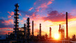 © kongkiat chairat - image showcases vibrant sunset over industrial landscape, highlighting various structures and smokestacks against colorful sky. scene evokes sense of progress and innovation in energy sector