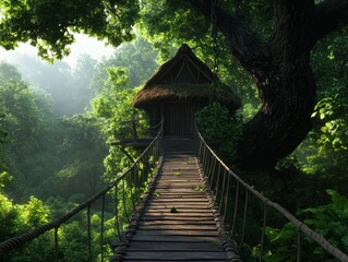 A serene wooden bridge leads to a charming treehouse, surrounded by lush greenery and illuminated by soft morning light.