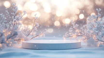 Poster - A tranquil winter landscape featuring a smooth white platform at the center, adorned by frosty branches and soft snow, with gentle sparkling lights that create a magical atmosphere.