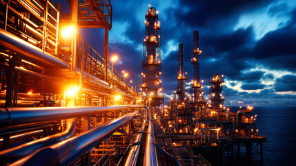 Industrial oil refinery at night with illuminated structures and pipes