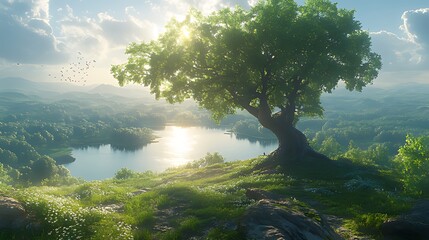 A lone tree stands on a hill overlooking a serene lake with a warm sunrise in the background, creating a peaceful and inspiring landscape.