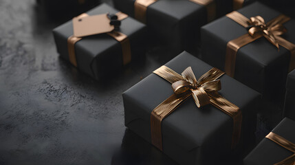 Black gift boxes on black surface with copy space. Black Friday marketing and festive promotions