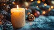 © Vesna - a glowing white christmas candle stands elegantly beside a beautifully decorated christmas tree with soft bokeh lights creating a warm cozy atmosphere and ample copy space