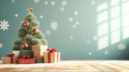 Wall Mural - beautifully decorated christmas tree stands beside wrapped gifts, creating festive atmosphere. soft 