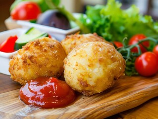 Golden Crusted Potatoes with Spicy Tomato Sauce and Fresh Vegetables: A Vibrant Cafe Meal featuring