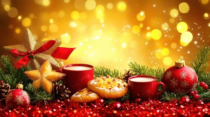 Wall Mural - festive christmas backdrop with decorations treats