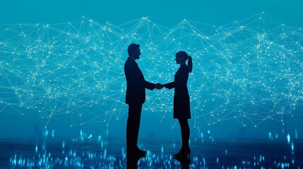 business partnership agreement, two professionals shaking hands, interconnected in a digital landsca