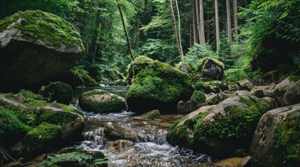 Moss Covered Rocks by a Stream in a Lush Forest