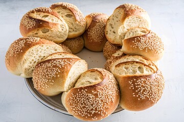 A group of round bread rolls, each sprinkled with sesame seeds on white background