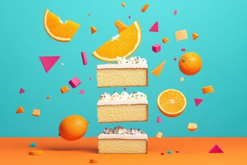 Colorful orange cake slice celebration with flying ingredients