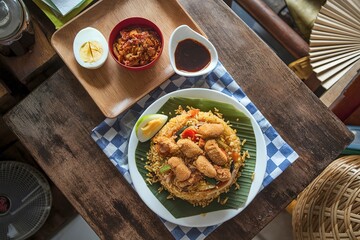 Wall Mural - A plate of traditional Indonesian nasi goreng with chicken, vegetables, and condiments on a wooden table