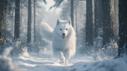  Samoyed Dog Running in a Snowy Forest