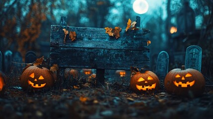 Sticker - Halloween pumpkins glowing on moody night with blank wooden sign