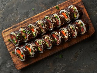 Kimbap Arranged on Wooden Board