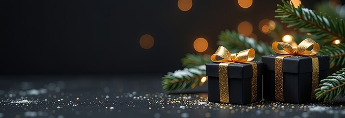 Wall Mural - two black gift boxes wit golden bows on a dark background with blurred bokeh and fir branches. banne