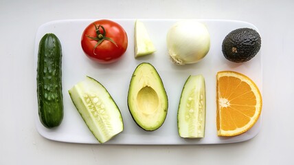 Wall Mural - Assorted fresh vegetables and fruits including tomato, cucumber, avocado, onion, and orange slice on a white background