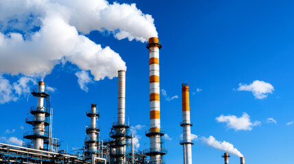 Industrial smokestacks release white smoke into clear blue sky, showcasing impact of manufacturing on environment. This highlights contrast between industry and nature