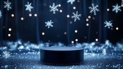 Poster - Delicate snowflakes drift through the air, surrounded by glowing lights, while a dark circular platform rests at the center, set in a magical winter atmosphere under the night sky.